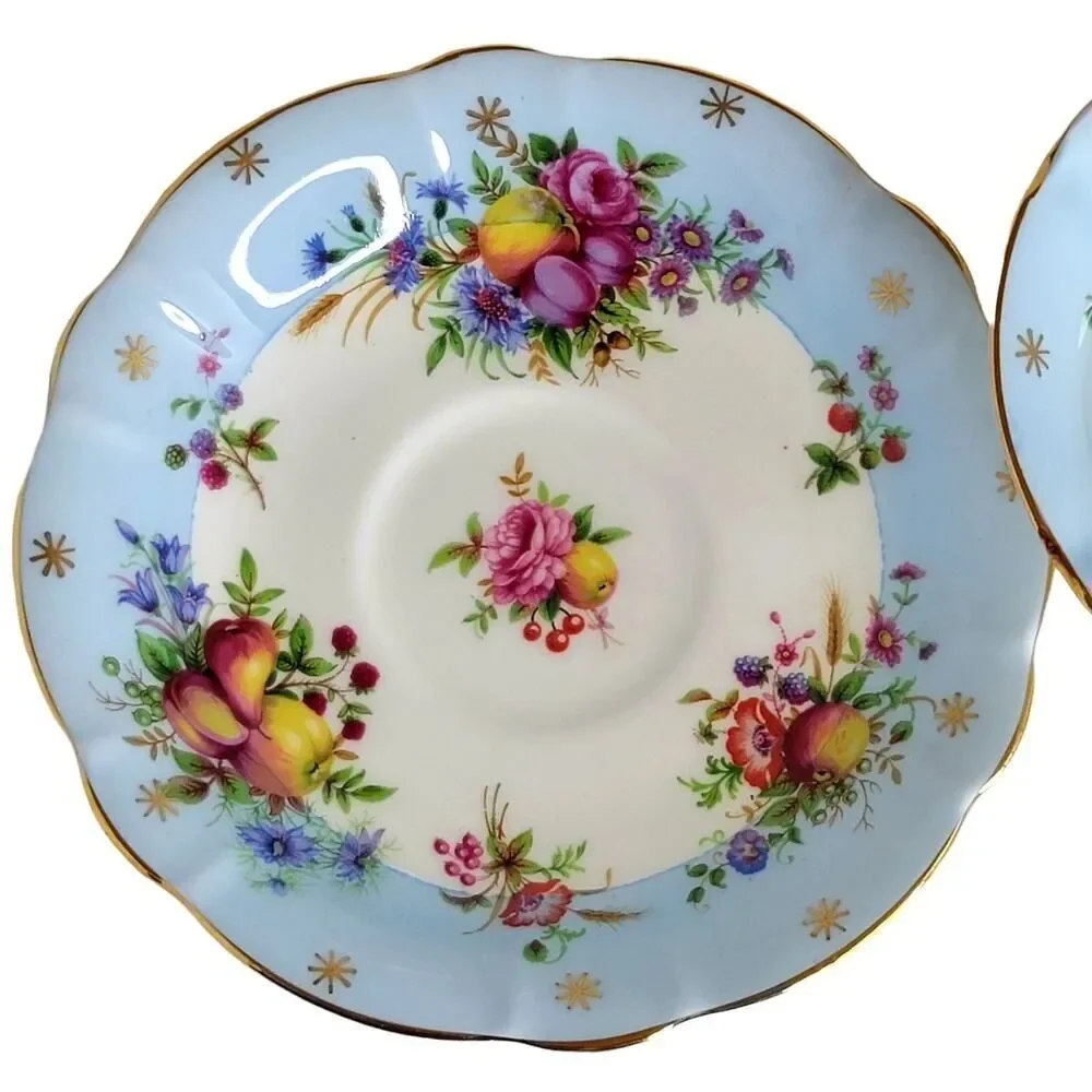 Vtg E.B Foley Beautiful Cup & Saucer Fruit Floral‎ Sky Blue Wide Mouth Gold Rim